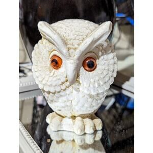 Vintage Norleans Hand Carved Alabaster White Owl Made in England Orange Eyes